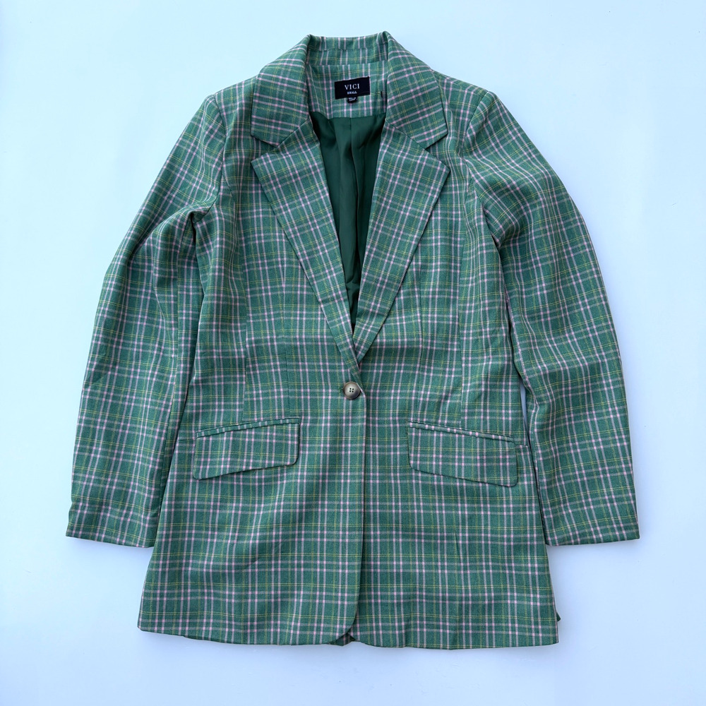 VICI Plaid Blazer Women's Size Small Green Pink Tailored Jacket